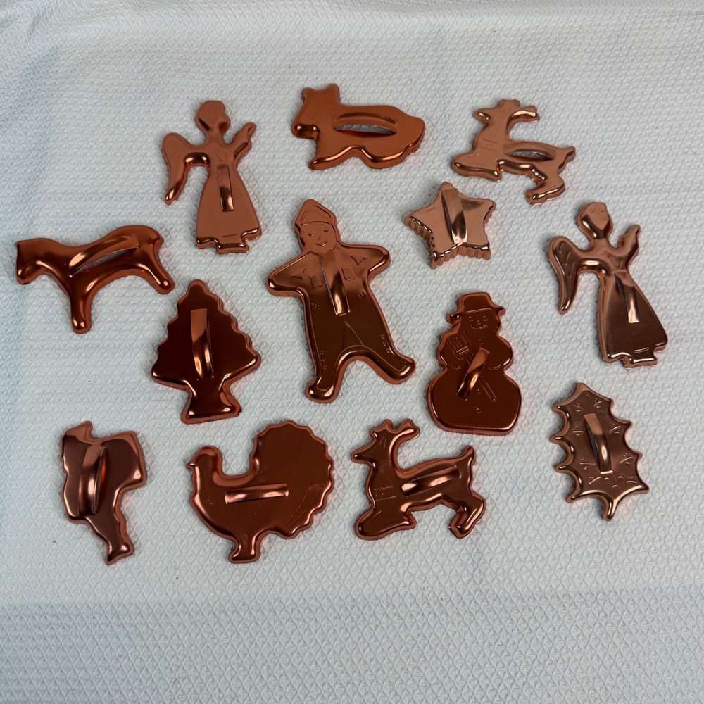 Vintage Copper Metal Holiday Christmas Cookie Cutters Set of 13 Reindeer Angel - Picture 2 of 7